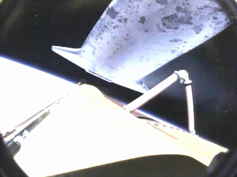 Endeavour's onboard camera shows the external fuel tank falling away following a picture-perfect launch on Monday.