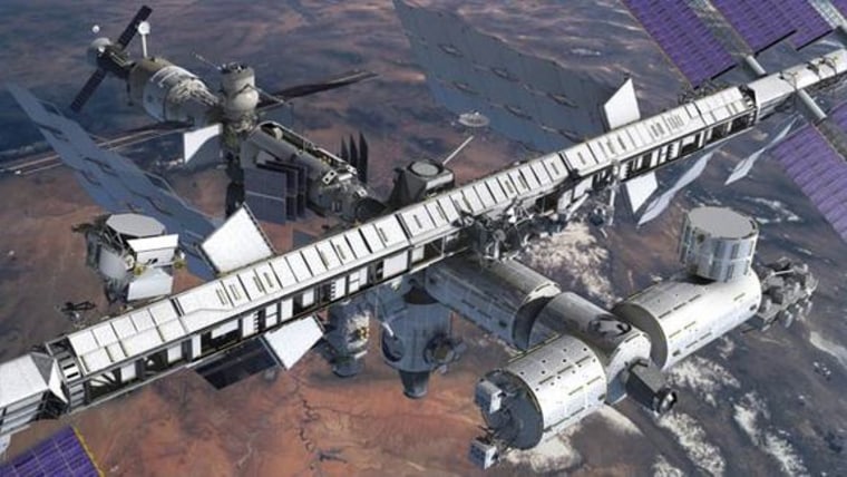 Artwork shows the Alpha Magnetic Spectrometer toward the left side of the International Space Station's truss.