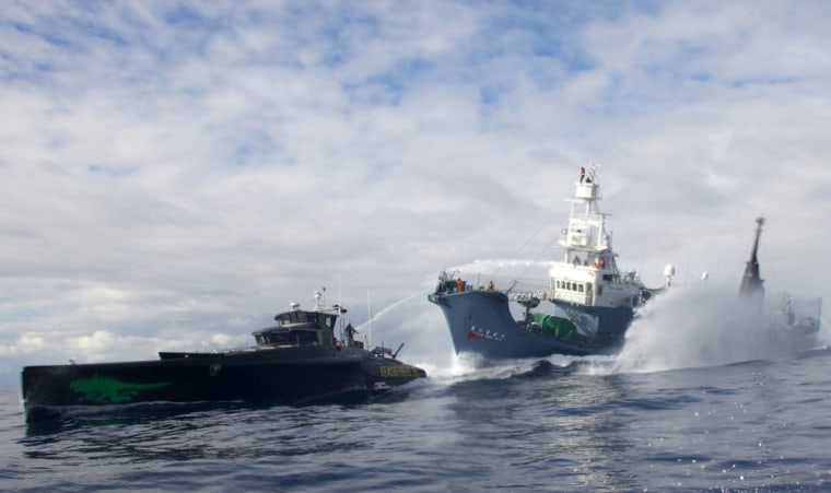 Image: Japanese whaling fleet vessel Yushin Maru No. 3 sprays water cannons at Sea Shepherd vessel \"Gojira\" during their clash in the Southern Ocean