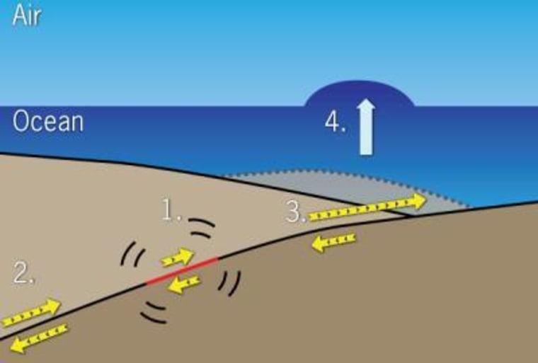 Fault motion sequence: 1. Rupture of the fault plane begins at the epicenter. 2. Rupture travels westward. 3. The upward sloping east side of the fault plane begins to rupture, forcing up the seafloor. 4. The water above the seafloor is pushed into an unstable dome that then flows out in all directions as a tsunami.