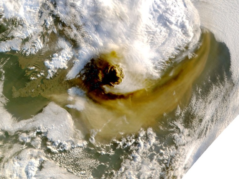Image: An image taken by a NASA MODIS satellite acquired at 1:15 a.m. EDT  on May 22, 2011 shows the ash plume from the Grimsvotn volcano.