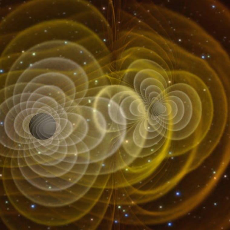 This is a 3-D visualization of gravitational waves produced by two orbiting black holes.