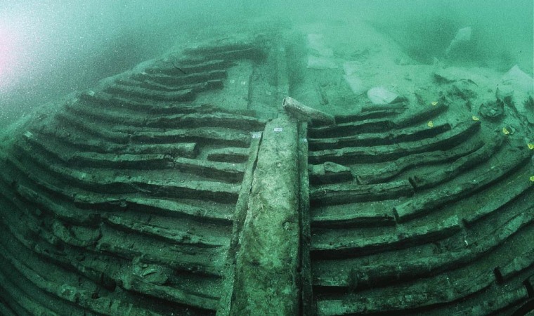 The hull of the Grado Roman shipwreck. The second-century ship spanned some 55 feet and held hundreds of amphoras containing fish products.