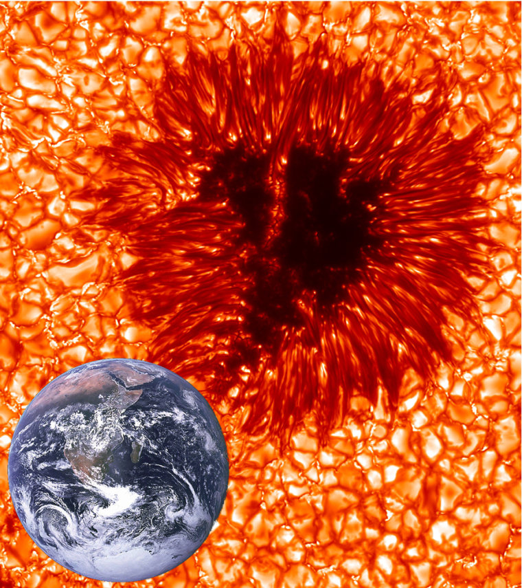 An image of the sunspot with the Earth shown to scale. The image is colorized for aesthetic reasons. This image with 0.1 arcsecond resolution from the Swedish 1-meter Solar Telescope represents the limit of what is now possible in terms of spatial resolution.