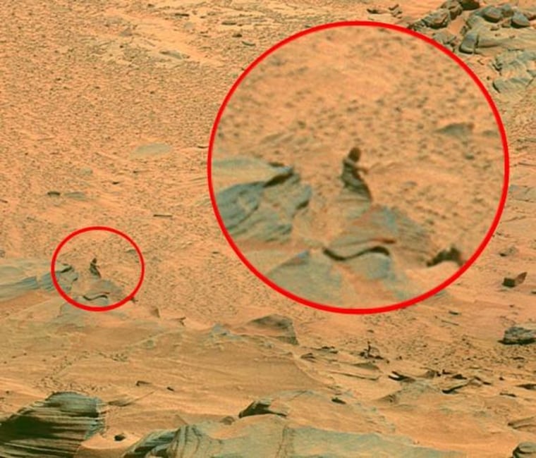 In a photo snapped by the Mars rover Spirit in 2007, there appears to be a human being wearing a robe and kneeling in prayer. It is, of course, a rock.