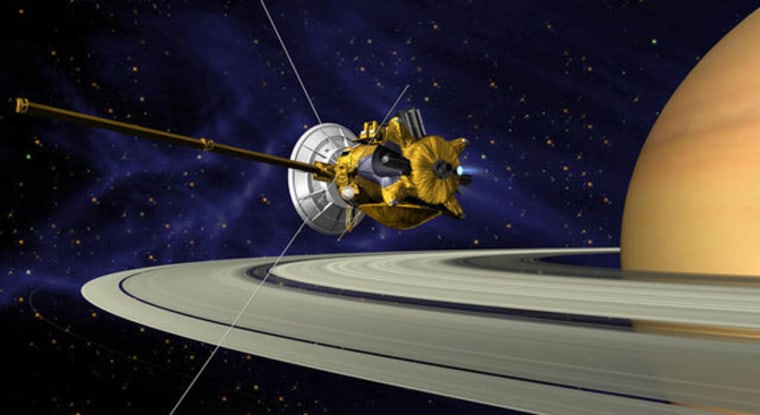 An artist's concept of Cassini at Saturn, where it is studying its rings and moons. 