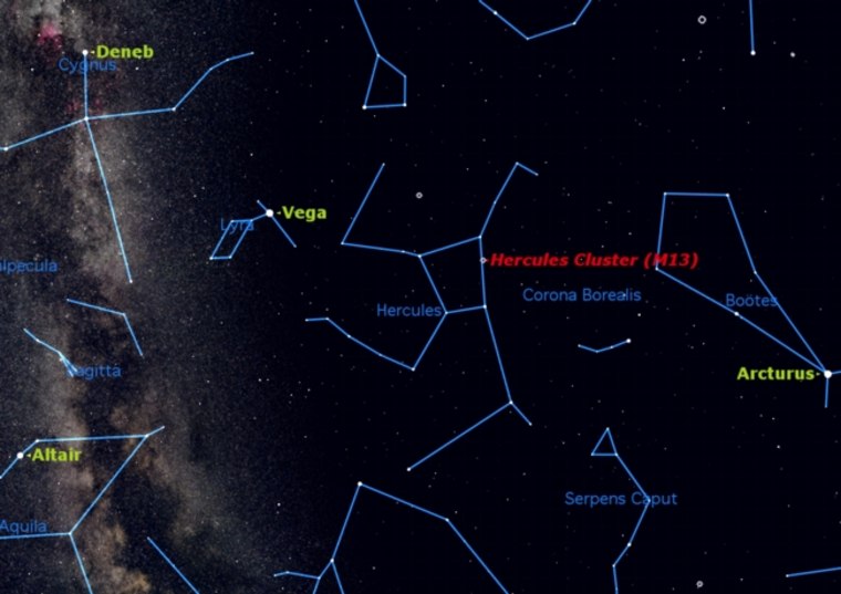 The Great Cluster in Hercules is one of the observing highlights in the summer sky. The cluster is a globular cluster of stars known as M31. This sky map shows the cluster's location in relation to other constellations in the night sky.