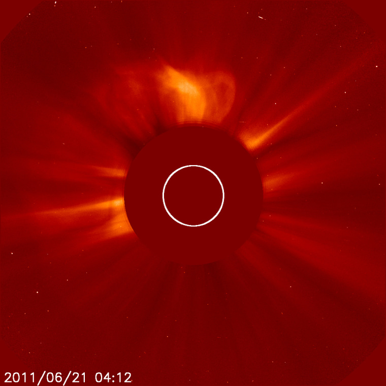 This image of the solar explosion was taken by the sun-watching SOHO observatory.