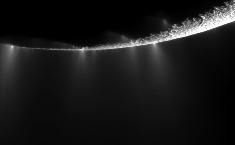 Dramatic plumes, both large and small, spray water ice out from many locations along the famed "tiger stripes" near the south pole of Saturn's moon Enceladus in this image taken by NASA’s Cassini probe on Nov. 21, 2009.