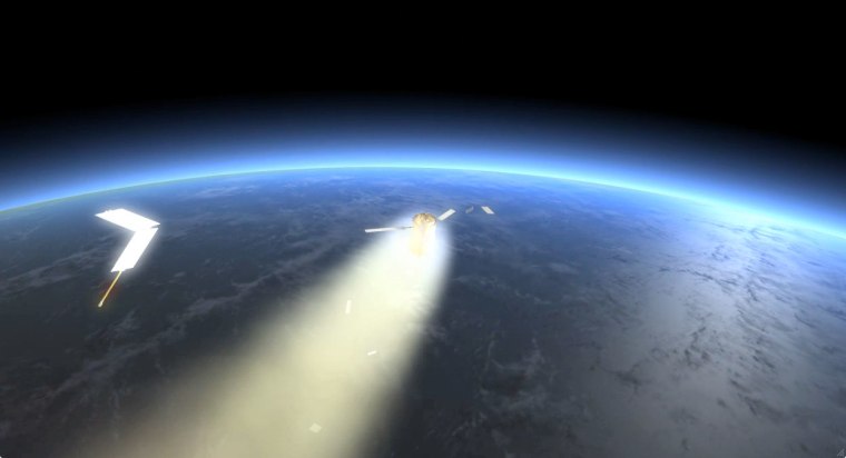 An illustration of the European ATV-2 re-entry and breakup because of the atmospheric forces of Earth. 
