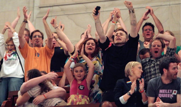 Image: People in the Senate gallery react to the passage of gay marriage at the Capitol in Albany, N.Y