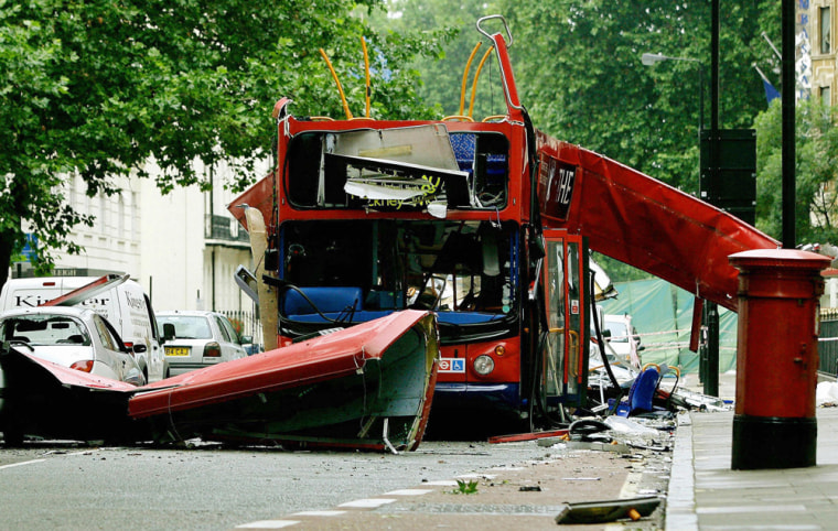 The wreck of the bombed Number 30 double-decker bus is pictured in Tavistock Square in central London, 08 July, 2005