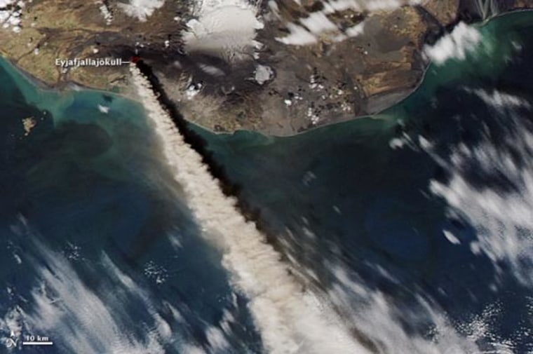 The plume of ash and steam rising from the Eyjafjallajokull volcano reached 17,000 to 20,000 feet into the atmosphere on May 10, 2010, when the Moderate Resolution Imaging Spectroradiometer (MODIS) on NASA's Aqua satellite captured this image. 
