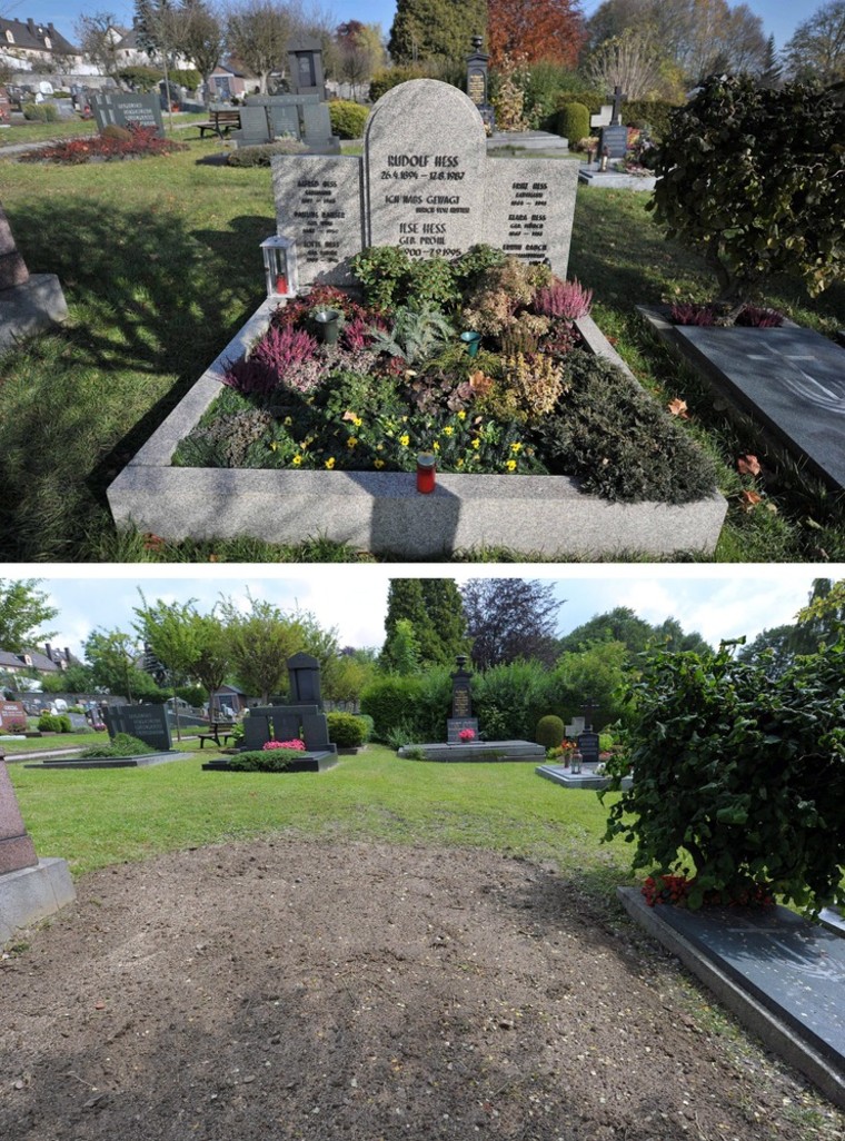 Image: A combo shows (above) a picture dated 30 October 2010 and (below) a current picture dated 21 July 2011 before and after the elimination of the grave of Hitler-deputy Rudolf Hess