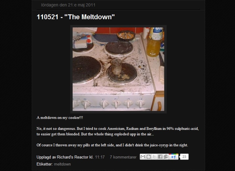 Image: A webpage from the blog written by Richard Handl documenting his experiments to build a nuclear reactor in his kitchen in Angelholm