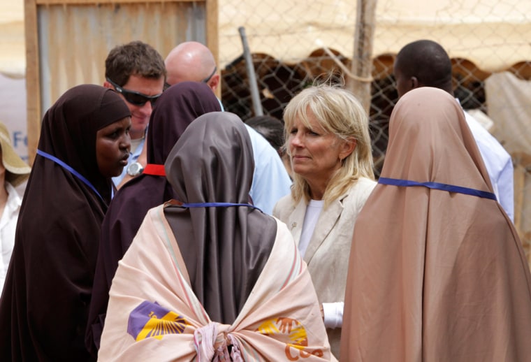Image: Dr. Jill Biden, wife of U.S. Vice President Joe Biden talks with female Somali volunteers in Kenya's Dadaab Refugee Camp, situated northeast of the capital Nairobi near the Somali border