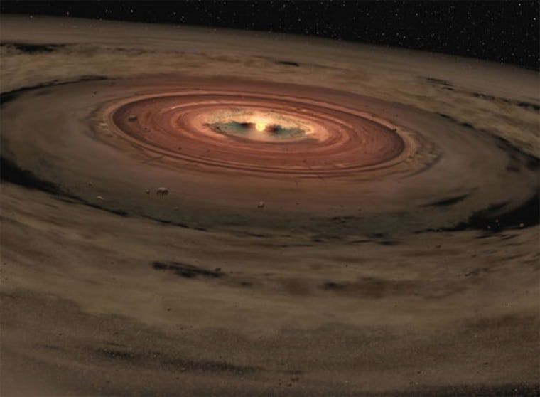 This artist's concept shows a very young star encircled by a disk of gas and dust, the raw materials from which rocky planets such as Earth are thought to form.