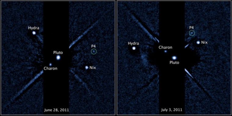 Two labeled images of the Pluto system, released on July 20, taken by the Hubble Space Telescope's Wide Field Camera 3 ultraviolet visible instrument with newly discovered fourth moon