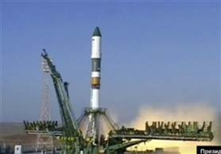 In this image from television a Soyuz rocket booster carrying Progress supply ship is launched from the Baikonur cosmodrome in Kazakhstan on Wednesday. The unmanned Russian supply ship bound for the International Space Station. 