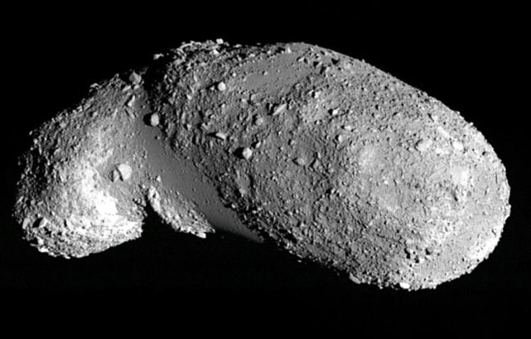 An image of the near-Earth asteroid Itokawa. The boulder-free areas appear relatively smooth and are filled with small, uniformly sized particles.