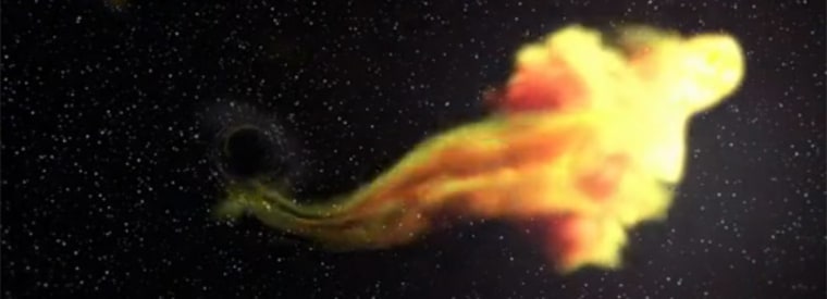 This still photograph from a NASA video animation depicts the supermassive black hole Swift J1644+57 eating a big star, a process that scientists witnessed for the first time using the Swift satellite.