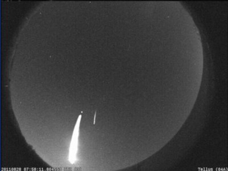 This view from a NASA all-sky camera located at Cartersville, Ga., shows a brilliant meteor as it streaked over the Atlanta area on Sunday night.