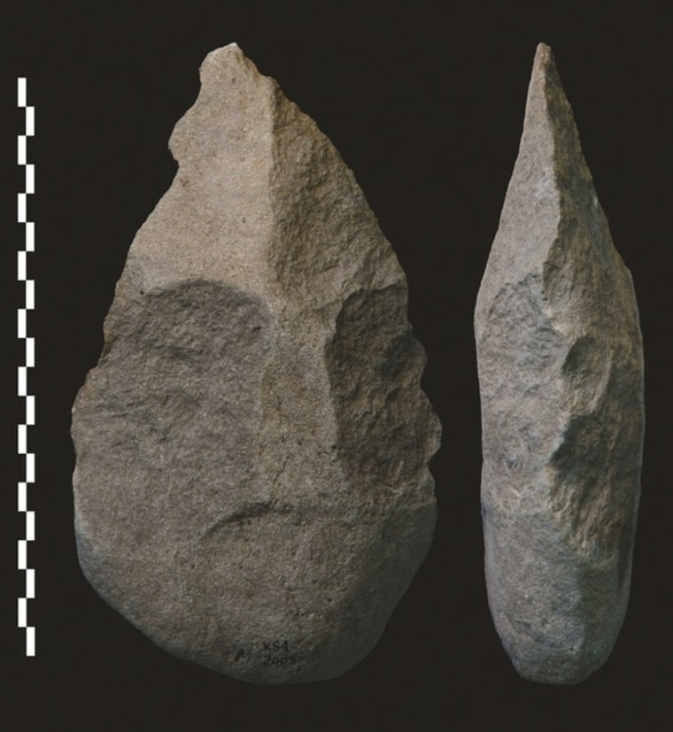 Examples of hand axes found in Kenya, which indicate that early humans were using stone hand axes as far back as 1.8 million years ago.