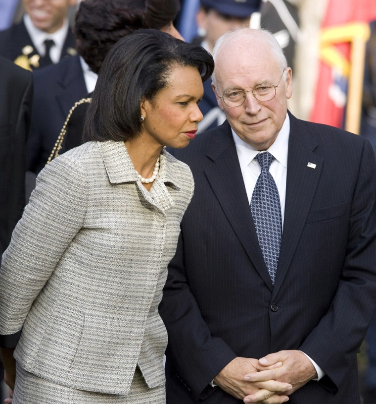 Image: File photo of U.S. Vice President Cheney and Secretary of State Rice during arrival ceremony at the White House in Washington