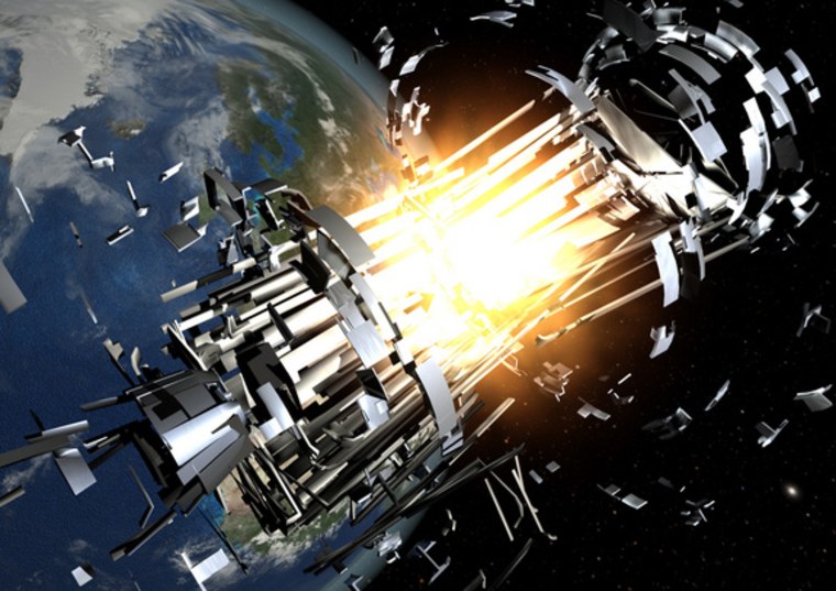 An artist's illustration of a satellite collision from space debris in orbit. Space traffic accidents only beget more such accidents.