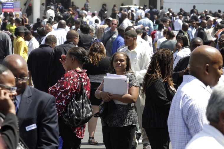 Image: Job seekers line up at the Congressional Black Caucus For The People Jobs Initiative job fair in Los Angeles