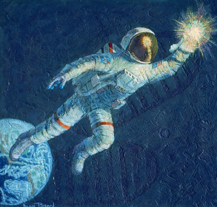 Alan Bean's "Reaching for the Stars" graces the wall of the U.S. Astronaut Hall of Fame. The painting bears the imprint of a spacesuit boot.