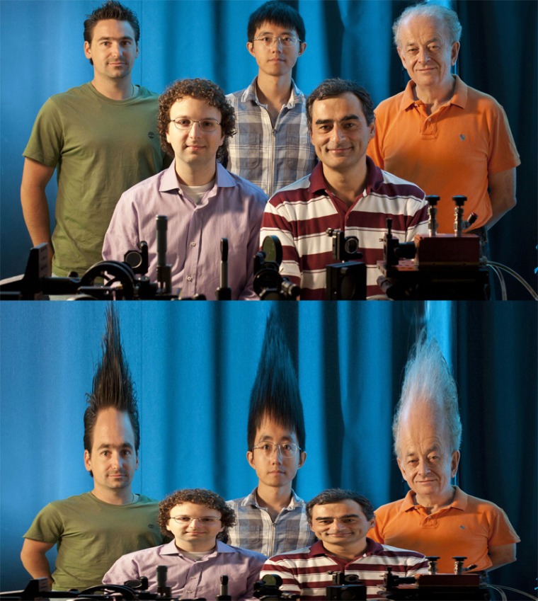 Top, clockwise from left: Patrice Genevet, Nanfang Yu, Federico Capasso, Zeno Gaburro and Mikhail A. Kats. Bottom: A simulation of the image that would appear in a large mirror patterned with the team's new phase mirror technology.