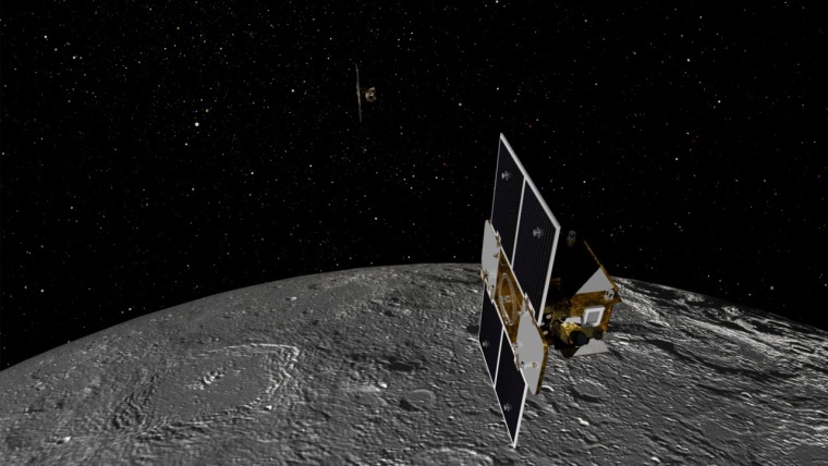 Image: Artist's concept of the two GRAIL spacecraft orbiting the moon