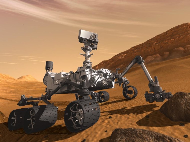 This artist concept features NASA's Mars Science Laboratory Curiosity rover, a mobile robot for investigating Mars' past or present ability to sustain microbial life. Curiosity is being tested in preparation for launch in the fall of 2011. 