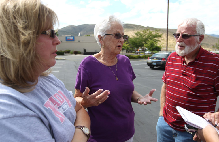 Image: Witness Kathy Chaney (left) speaks outside the IHOP restaurant in Carson City, Nev.