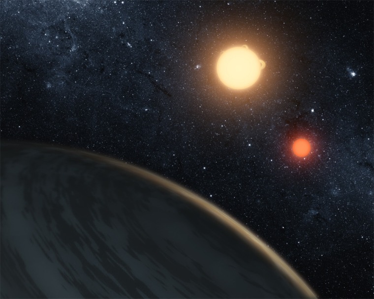 This artist's concept illustrates Kepler-16b, the first planet known to definitively orbit two stars — a real-life Tatooine, from "Star Wars." The planet, which can be seen in the foreground, was discovered by NASA's Kepler mission.