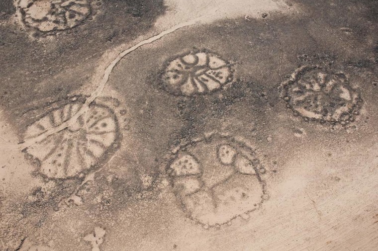 The giant stone structures form wheel shapes with spokes often radiating inside. Here is a cluster of wheels in the Azraq Oasis.