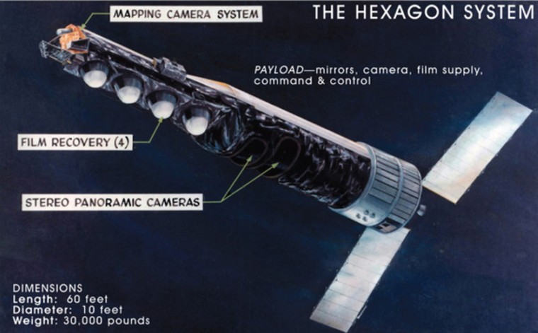 This National Reconnaissance Office-released graphic depicts the huge HEXAGON spy satellite, a Cold War era surveillance craft that flew reconnaissance missions from 1971 to 1986. The bus-size satellites weighed 30,000 pounds and were 60 feet long.