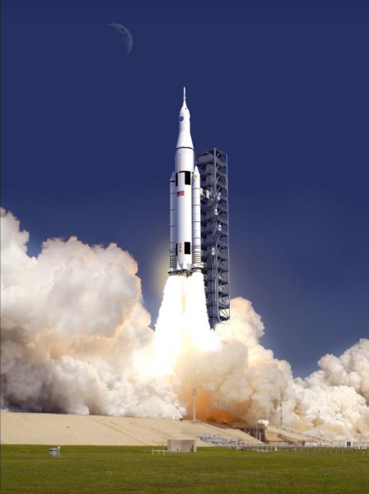 An artist's concept of NASA's giant rocket, the Space Launch System, soaring off a launch pad at the Kennedy Space Center. The rocket is NASA's new booster for deep space missions to an asteroid and then Mars.