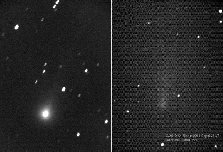 Amateur astronomer Michael Mattiazzo of Castlemaine, Australia, caught these two images of comet Elenin on Aug. 19, left, and Sept. 6, 2011. The images show a rapid dimming in the comet, possibly hinting at its disintegration.