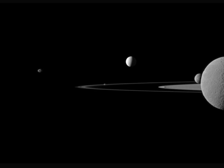 Image: Saturn's A and F rings and five of its moons