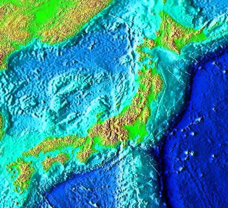 Deep oceanic trenches are common in subduction zones where one tectonic plate slides under another. This image shows the Japan Trench, east of Honshu Island.