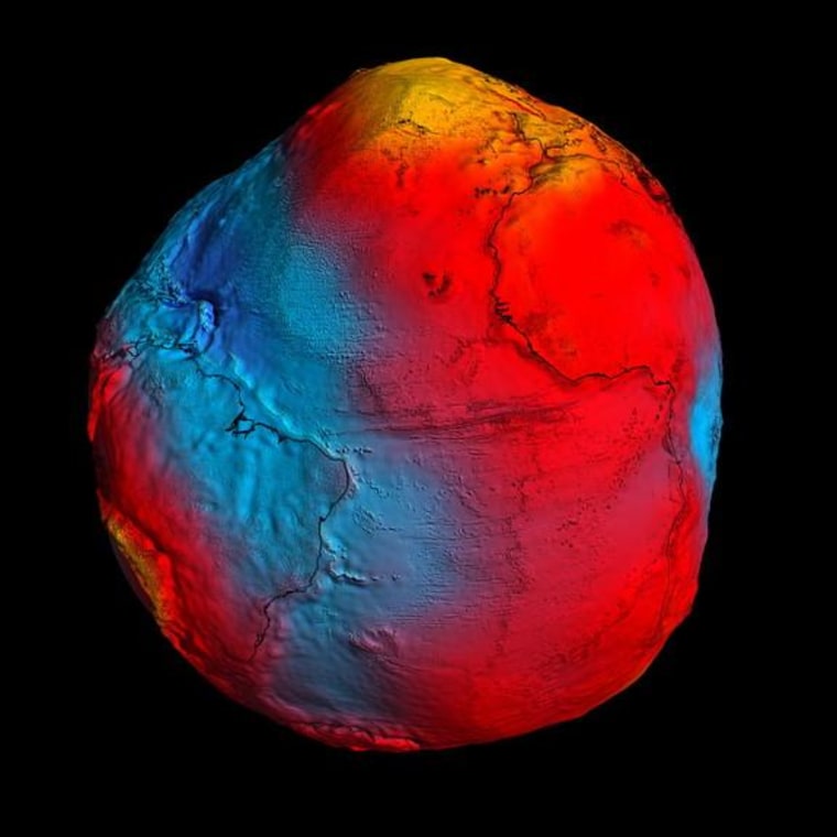 ESA's GOCE mission has delivered the most accurate model of the "geoid" ever produced. Red corresponds to points with higher gravity, and blue to points with lower gravity.