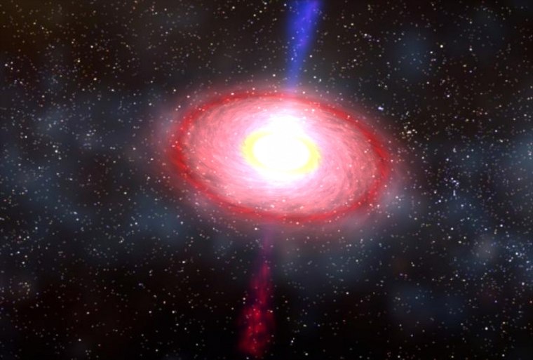 An artist's illustration of a powerful gamma-ray burst, the most powerful type of explosion in the universe.