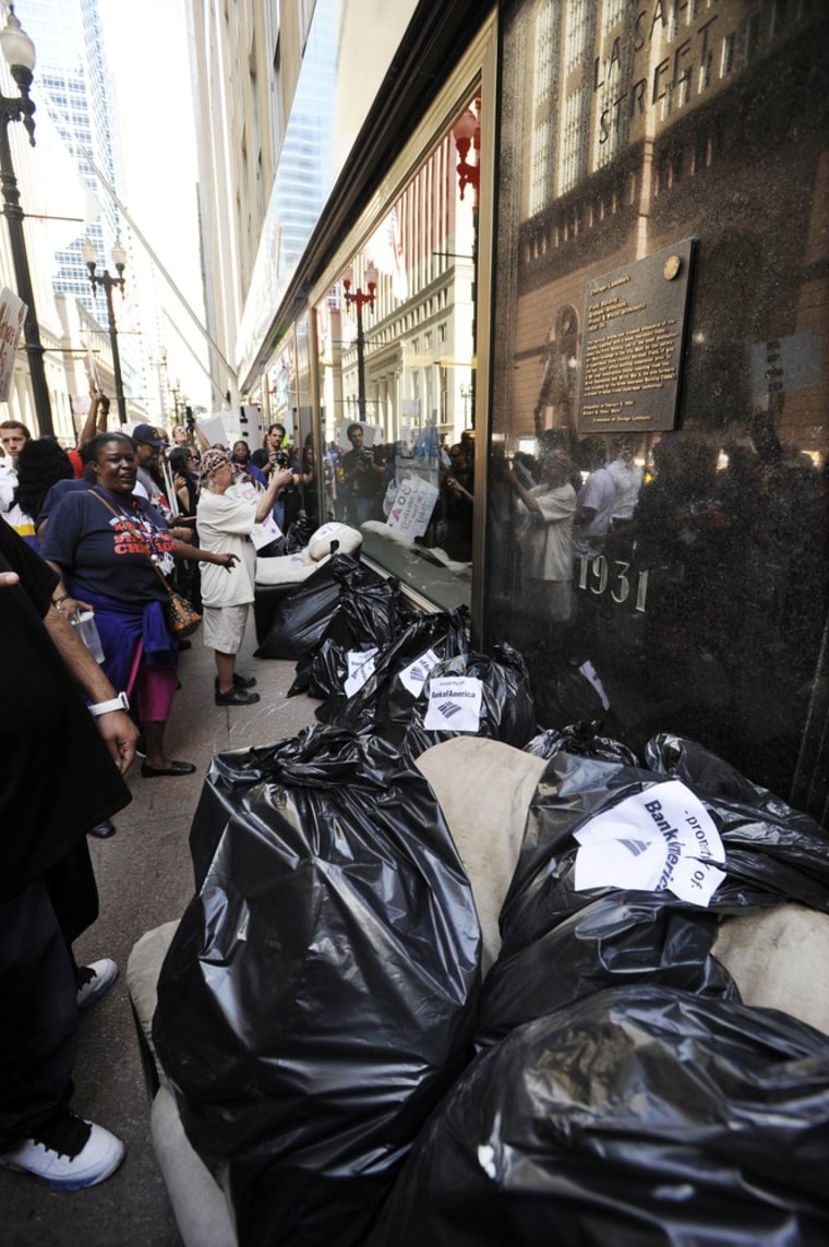 Image: Garbage from a foreclosed home sits outside the Bank of America on LaSalle St., during a protest in Chicago