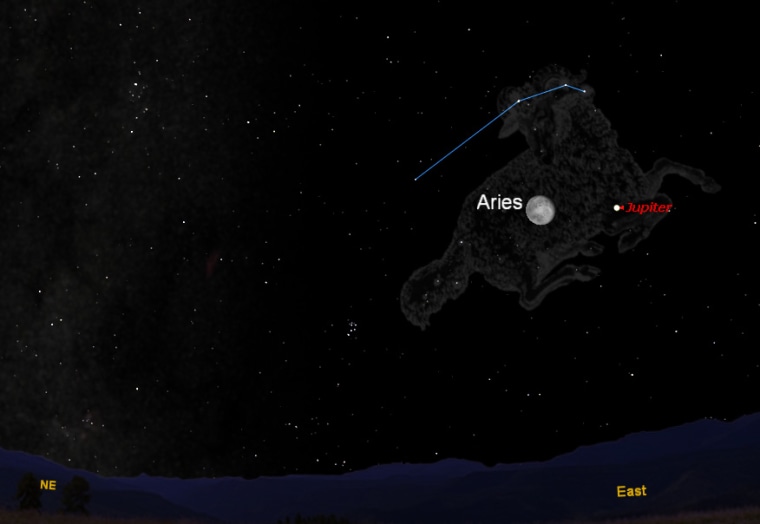 This sky map of the moon and Jupiter shows how the two bright objects will appear together to skywatchers with clear skies at 10 p.m. local time Thursday from mid-northern latitudes.