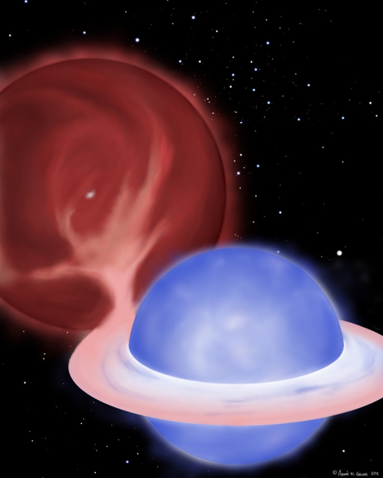 An artist's concept of a "blue straggler" star stealing mass from its partner in a binary star system. Soon the giant star (upper left) will donate the remainder of its envelope, leaving only a half-solar-mass white dwarf core (peeking through the tenuous envelope of the giant) as the companion to the blue straggler.