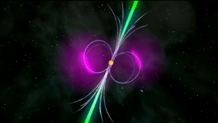 This still from a NASA animation depicts the super-bright and super-young pulsar J1823-2021A, which is the brightest and youngest pulsar yet discovered, and has a powerful magnetic field. The pulsar spins about. The object pulses 183.8 times a second and is located about 27,000 light-years from Earth.