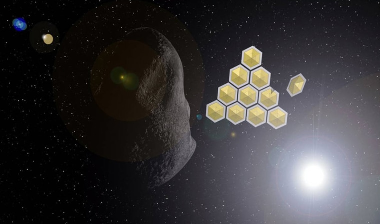 An illustration of how solar sails might help deflect the asteroid Apophis.