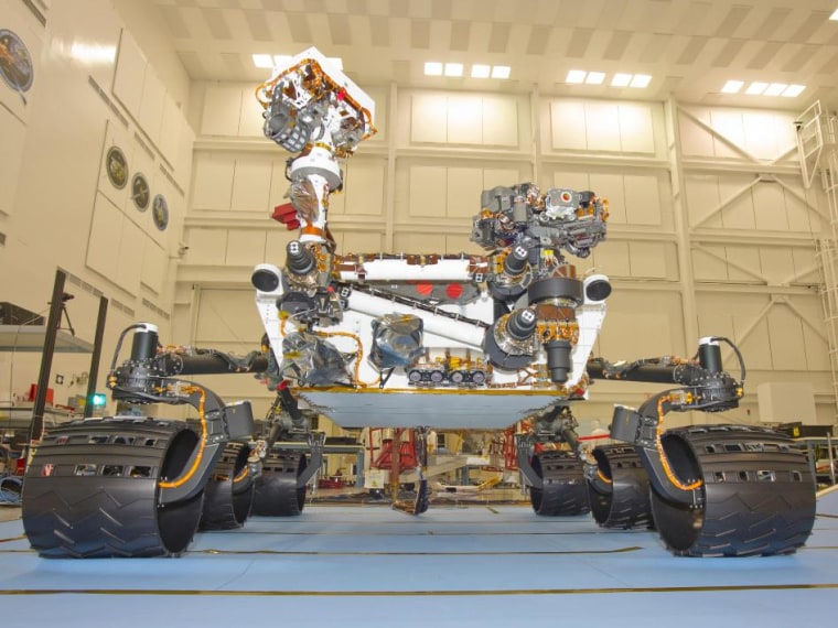 NASA's Curiosity rover is shown during final testing at the Jet Propulsion Laboratory.